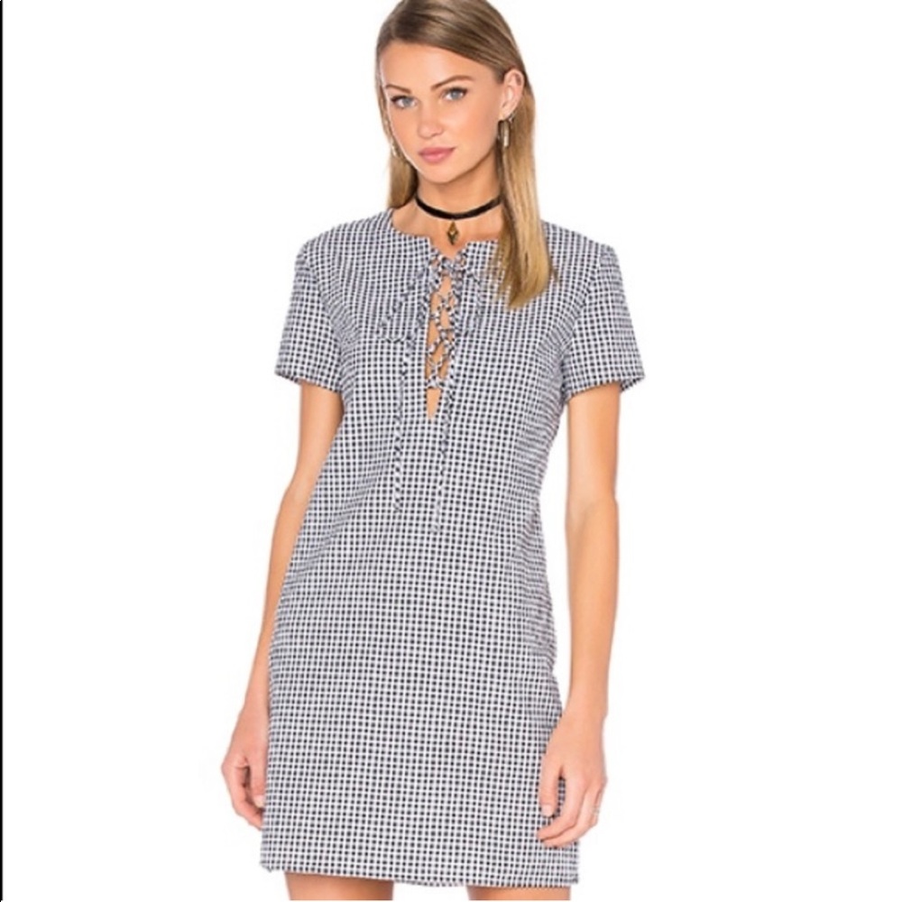 Wayf Pinic Cottagecore Gingham Mini Dress Short Sleeve Lace Up Chest Linen Feel